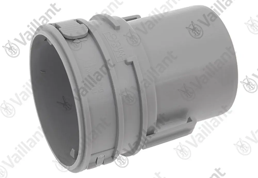 Graues Anschlussstück von Vaillant mit flexibler Systemverbindung, geeignet für DN 60, mit Einsteckende und Halteclip zur sicheren Verbindung.